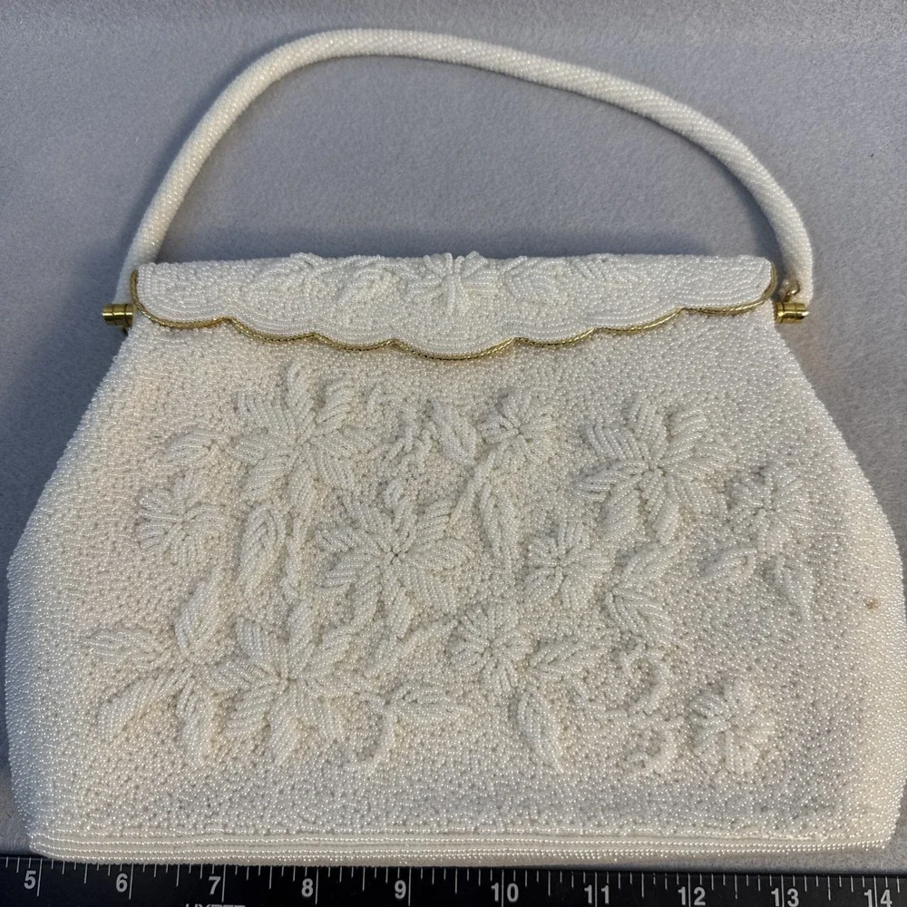 Vintage Handbag, Hand Beaded, Gold Accents, Evening Bag, Bridal, Floral, Formal